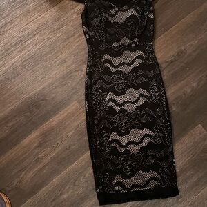 Chic Black Midi Dress with Lace Detailing